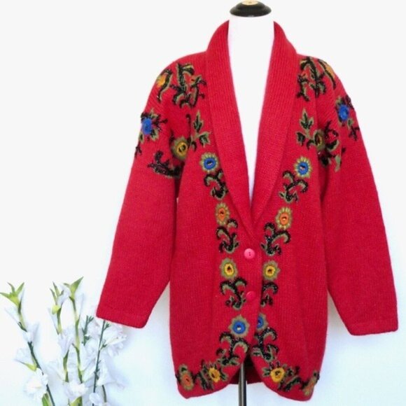 NEW! Vintage Cervelle Wool Blend Chunky Sweater Cardigan Embroidery Red SZ M - Picture 1 of 6